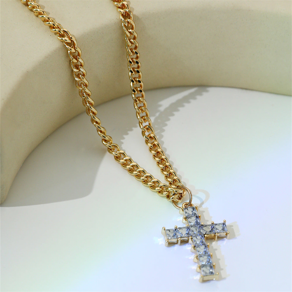 Metal Single Layer Necklace with Rhinestone Cross Pendant
