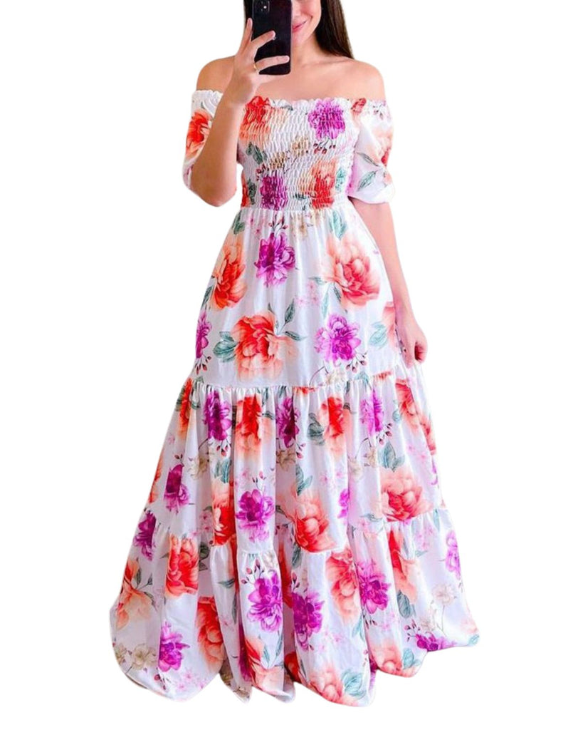 Polyester One-Word Collor Short Sleeve Maxi Dress