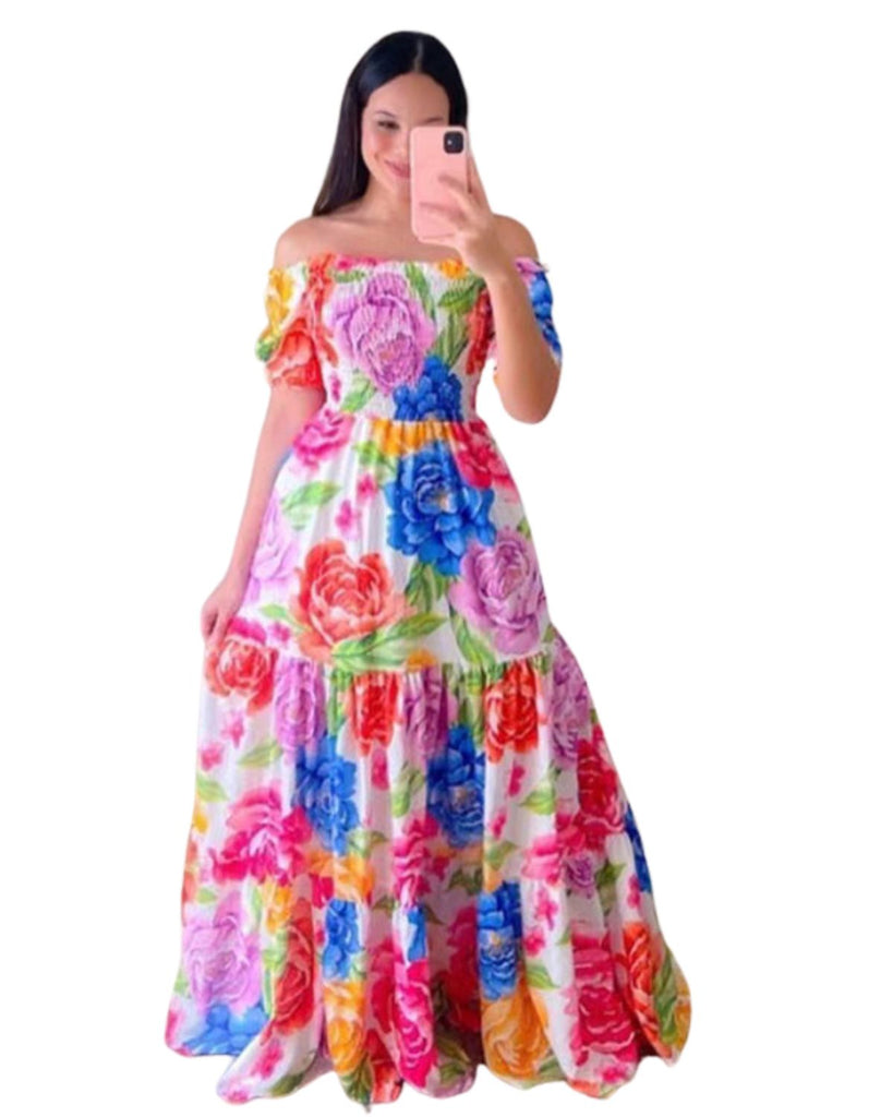 Polyester One-Word Collor Short Sleeve Maxi Dress