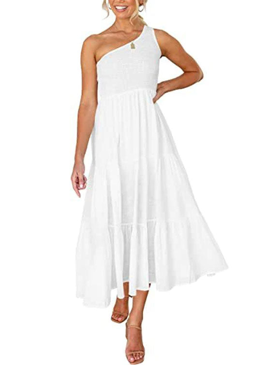 Cotton Solid One Shoulder Dress
