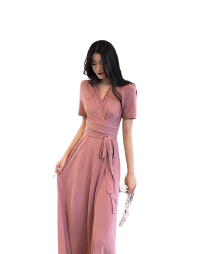 Polyester V Neck Solid Cross Tie Front Midi Dress