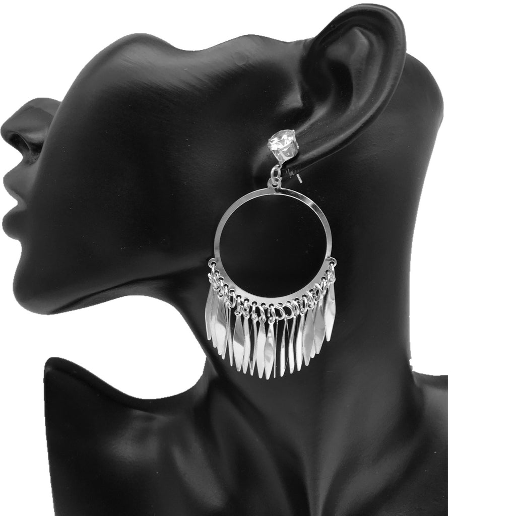 Alloy Quirky Hollow Ring Tassels Dangler Earrings with Rhinestone Studs