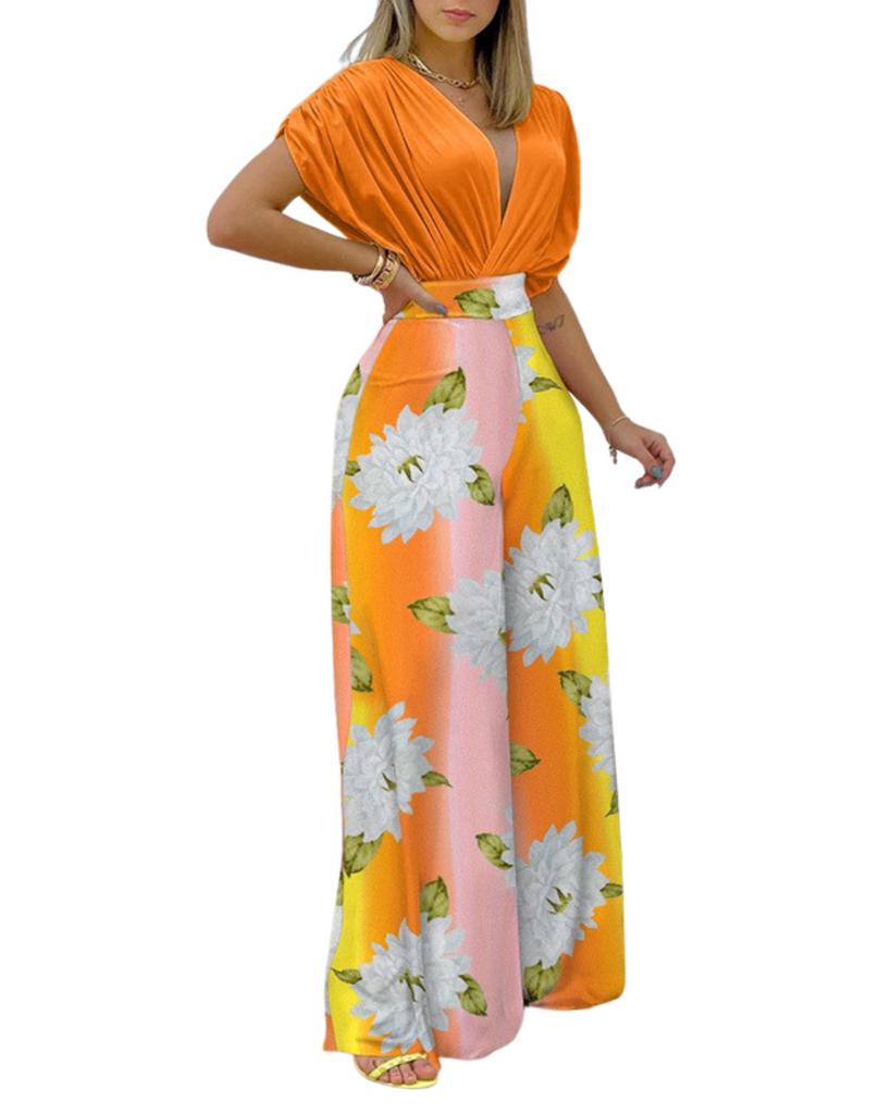 Polyester Short Sleeve V-Neck Top And Palazzo Pants