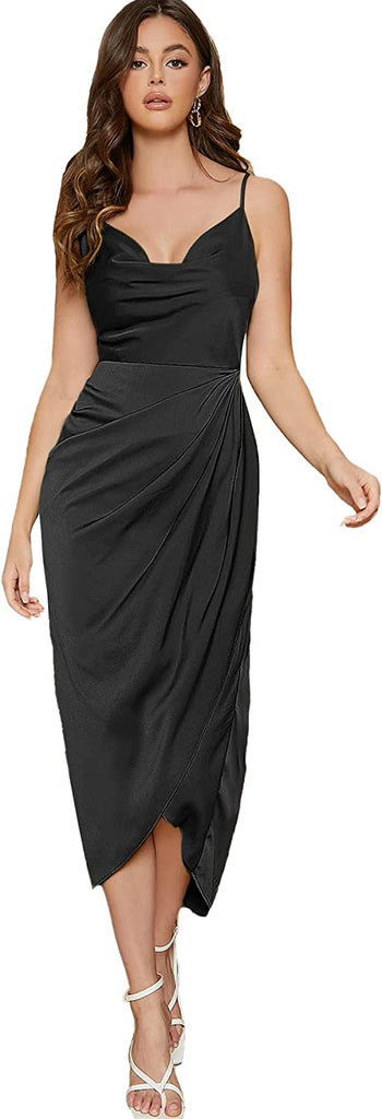 Satin Asymmetrical Hem High Waist Sleeveless Maxi Dress