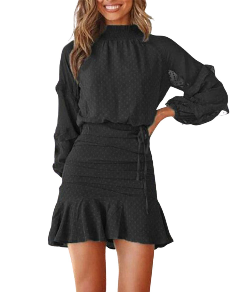 Polyester Long Sleeve High Neck Top And Skirt