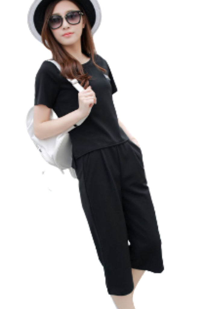 Polyester Short Sleeve Round Neck T-shirt And Cropped Pants