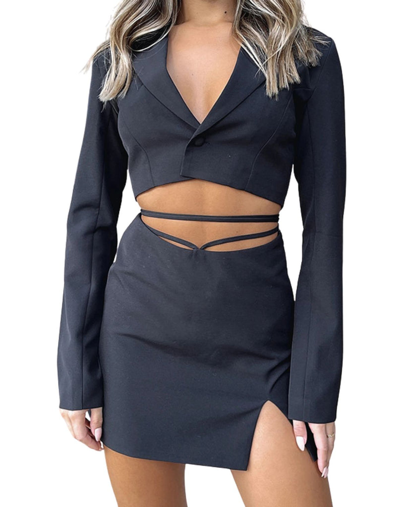 Polyester Solid Lapel Collar Long Sleeve Top And Skirt
