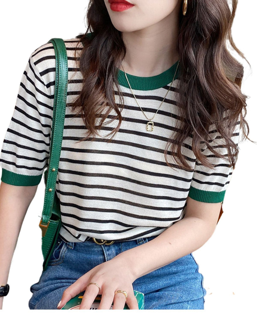 Polyester Round Neck Striped T Shirt