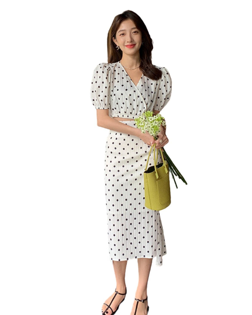 Polyester Polka Dots V-Neck Half Sleeve Top And Skirt