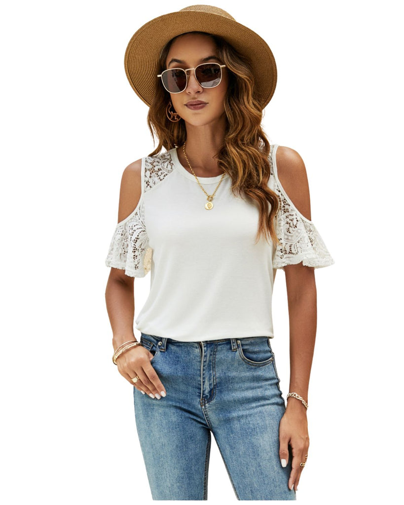 Polyester Round Neck Solid Lace Short Sleeve Top
