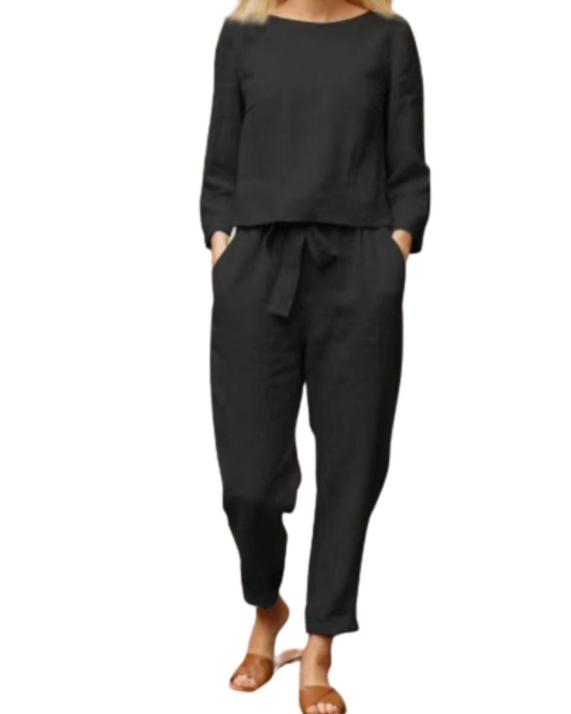 Cotton Solid Round Neck Long Sleeve Top And Trousers