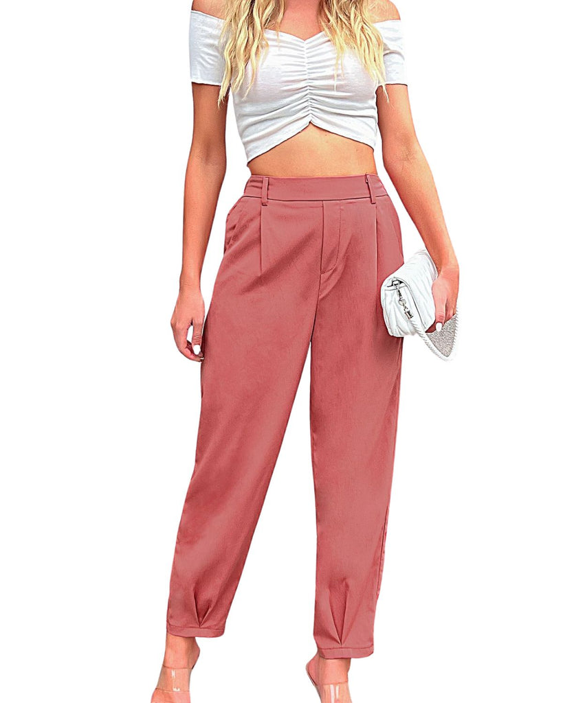 Cotton+Polyester Solid High Waist Tapered Pants
