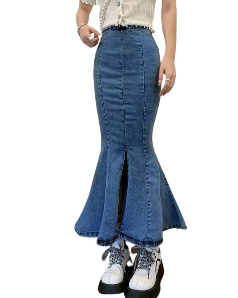 Denim Solid Midi High Waist Skirt