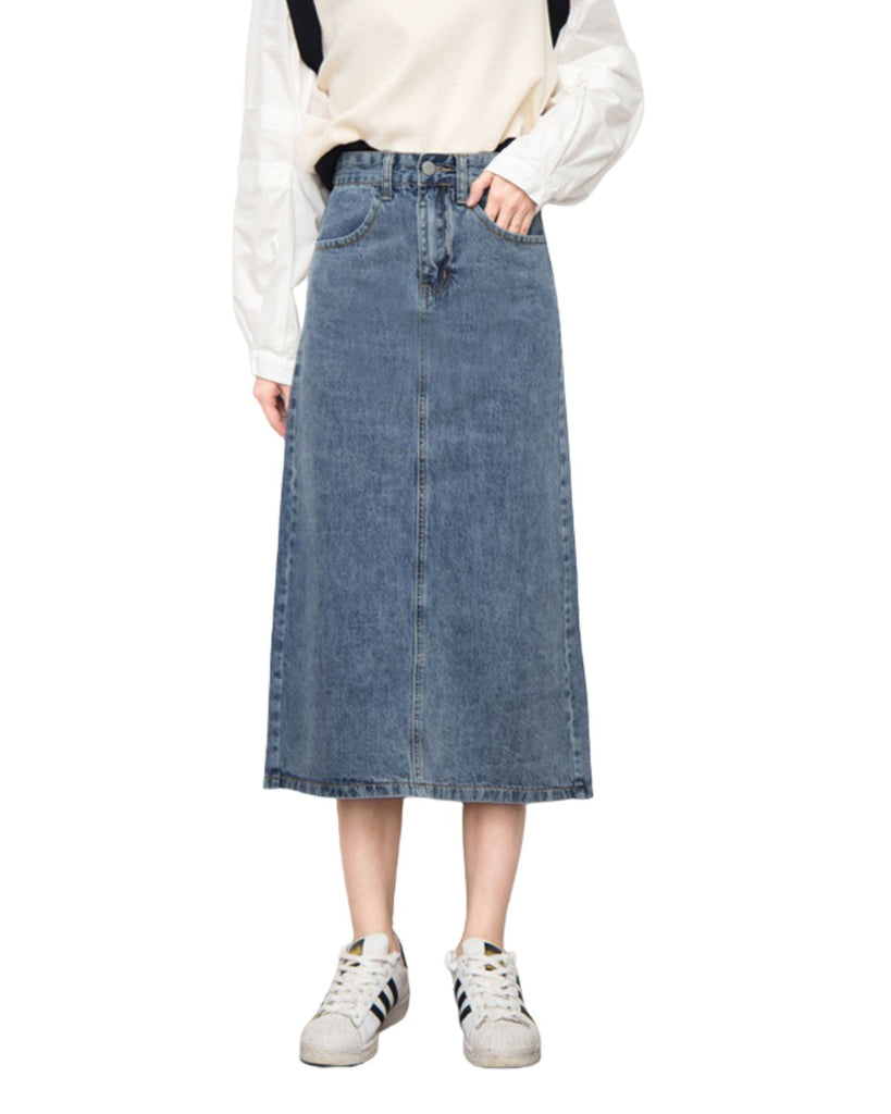Denim Solid Midi Mid Waist Skirt