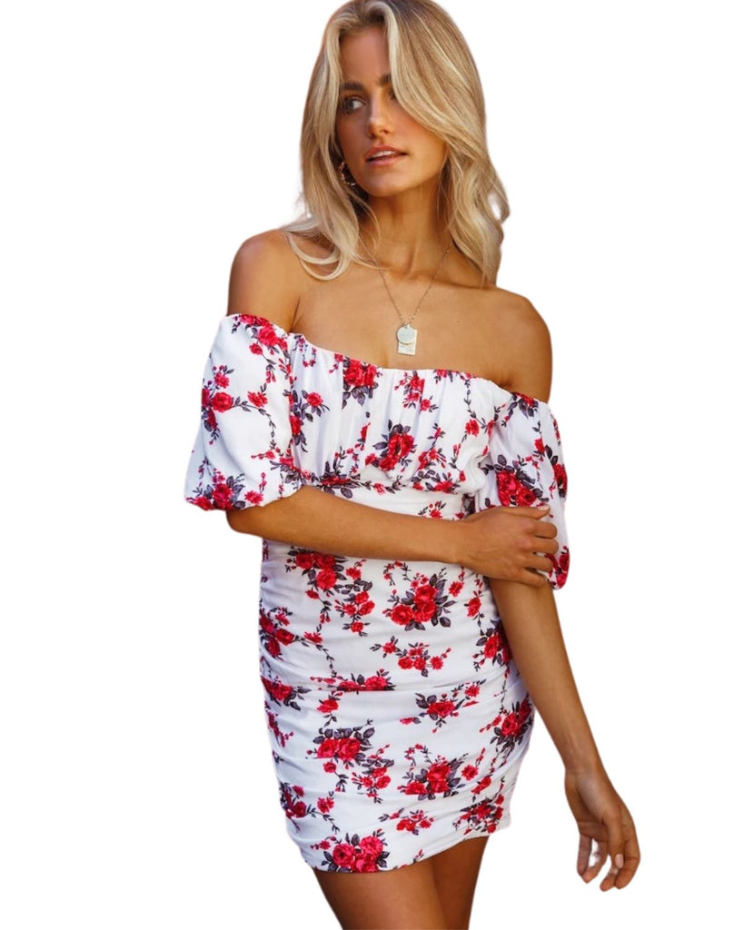 Polyester Off Shoulder Slim Type Floral Print Dress