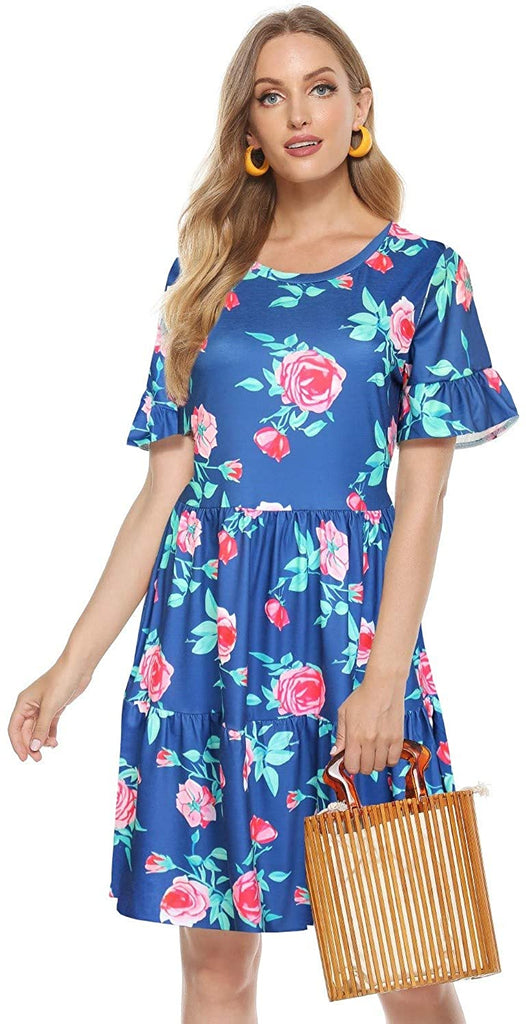 Fancy Women's Floral Casual Tiered O-Neck Ruffle Hem Short Bell Sleeve Midi Tunic Dress with Pockets
