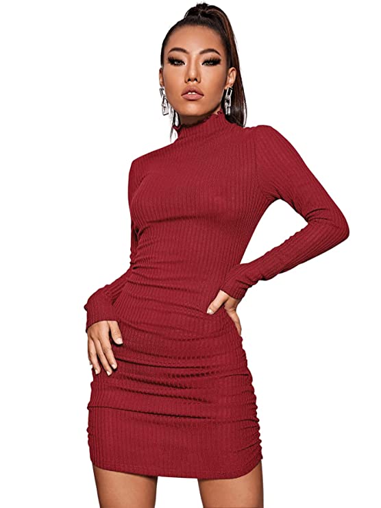Ruched Mock Neck Long Sleeve Bodycon Dress
