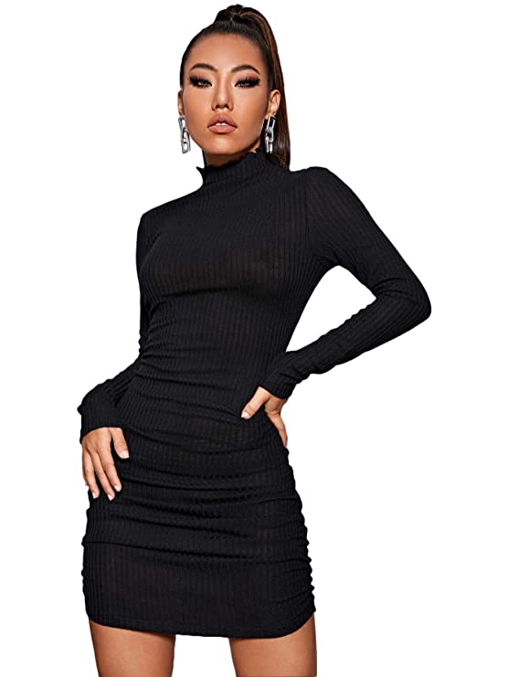 Ruched Mock Neck Long Sleeve Bodycon Dress