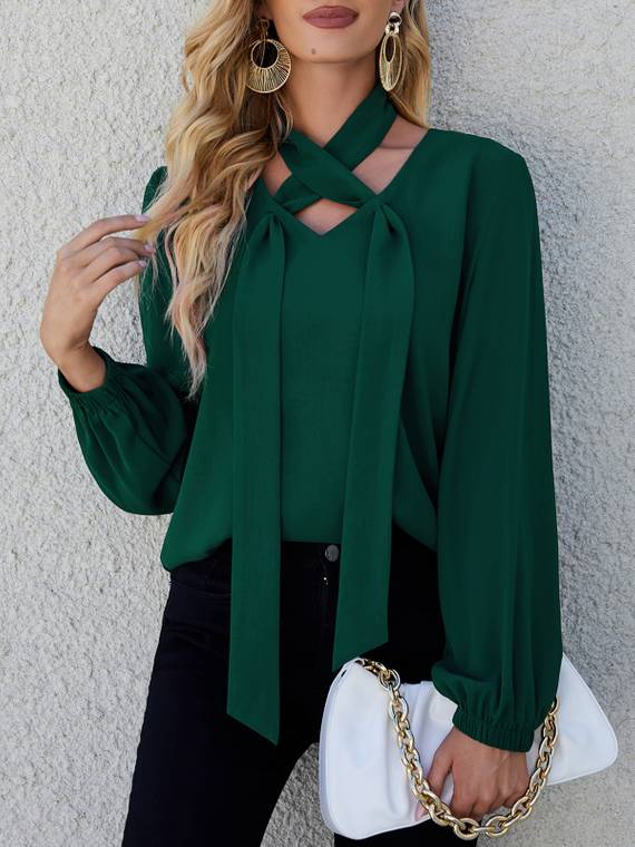 women-tops-Lace-Up-Pullover-Blouse-406