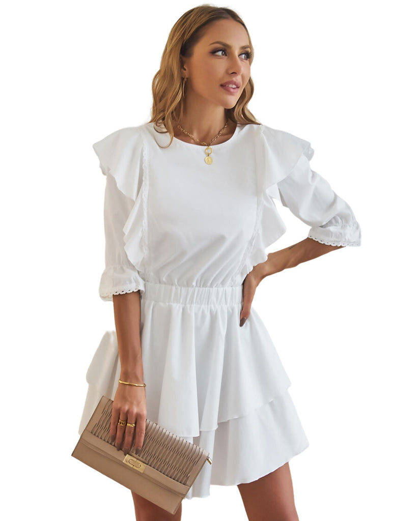 Polyester Round Neck 3/4 Sleeves Solid Ruffle Dress