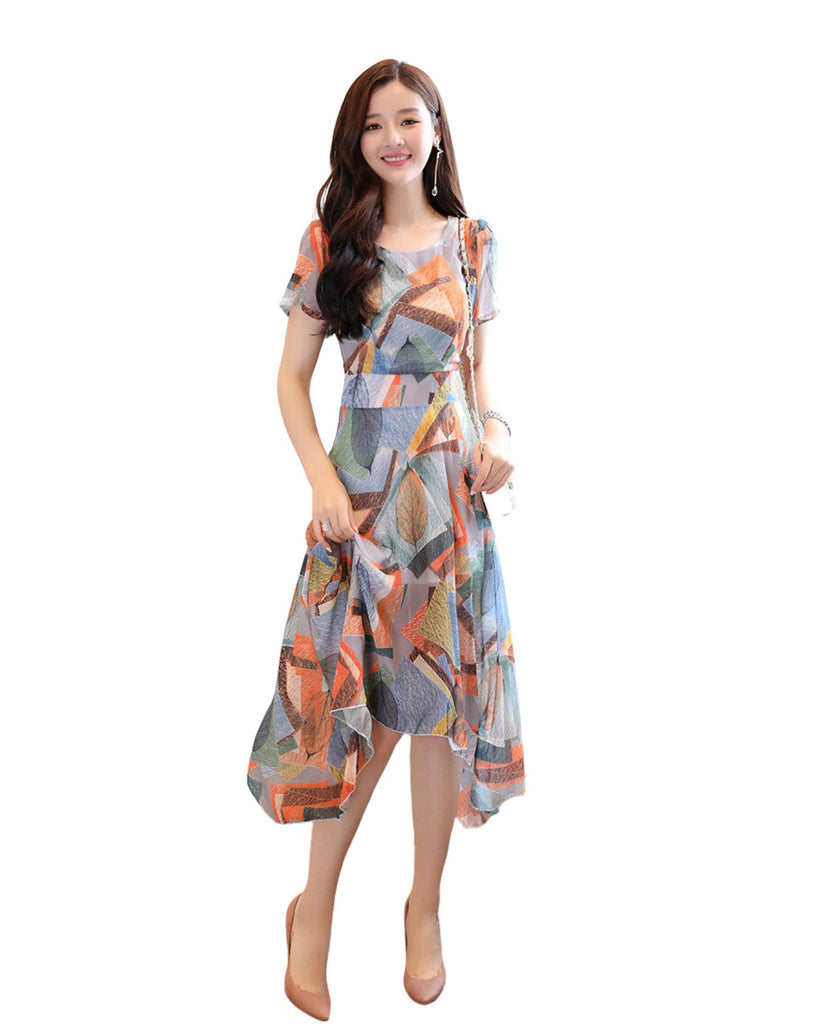 Polyester Round Neck Short Sleeve Floral Irregular Dress