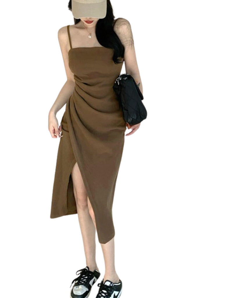 Polyester Square-Neck Sleeveless Solid Pleated Dress