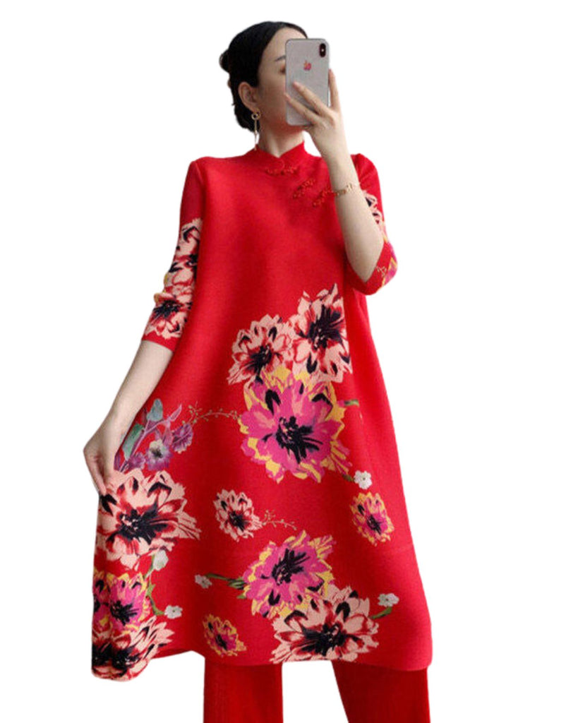 Polyester Stand Collar 3/4 Sleeves Loose Floral Print Dress