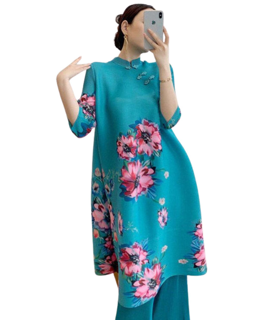 Polyester Stand Collar 3/4 Sleeves Loose Floral Print Dress