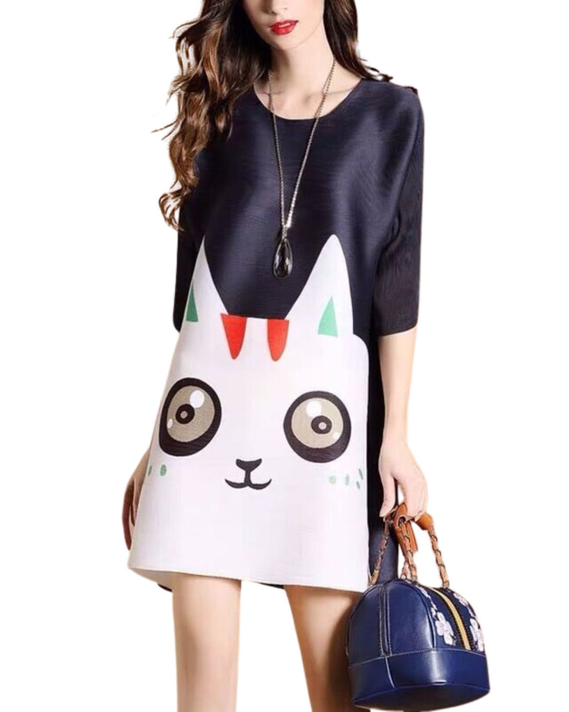 Polyester Round Neck 3/4 Sleeves Cartoon Print Pleated Dress