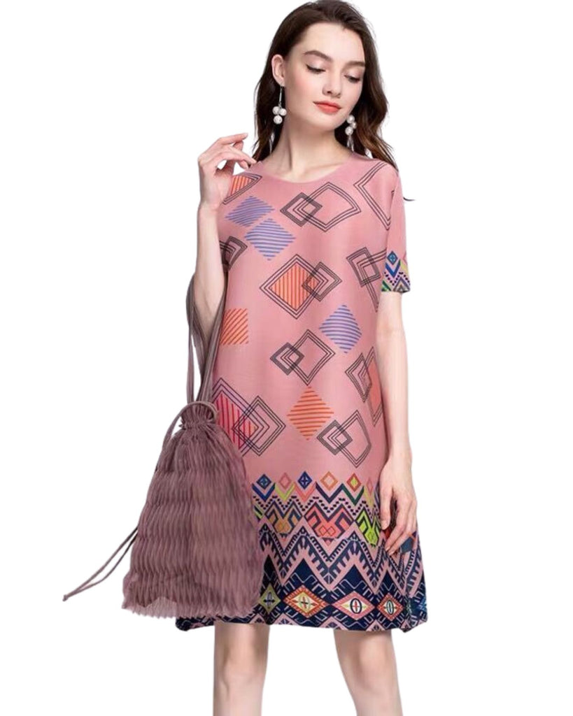 Polyester Round Neck Short Sleeve Printed Pleated Dress