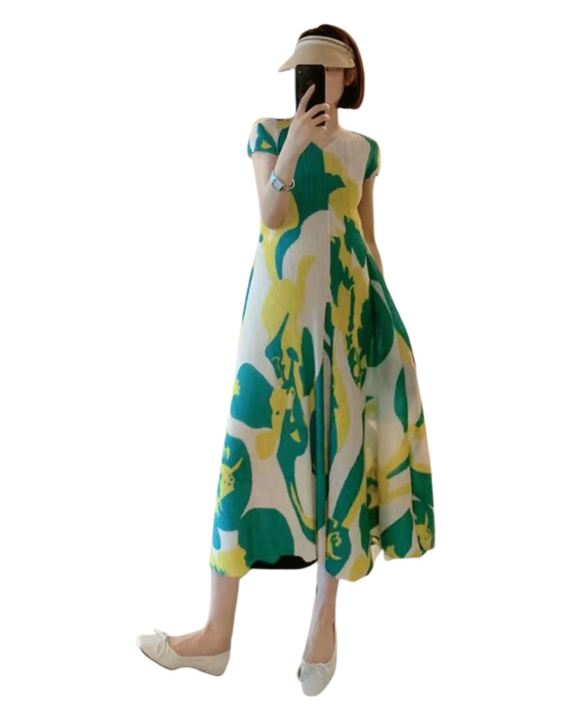 Polyester V-Neck Short Sleeve Printed A-Line Dress