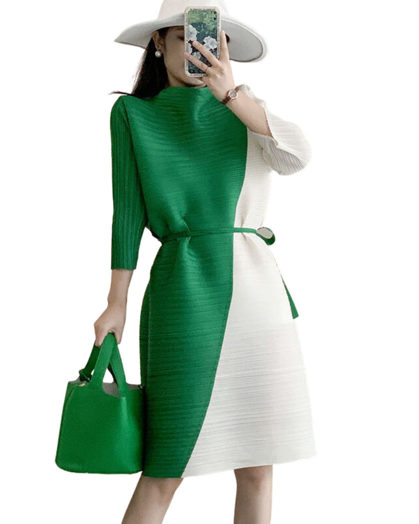 Polyester Round Neck 3/4 Sleeves Solid Color Block Dress