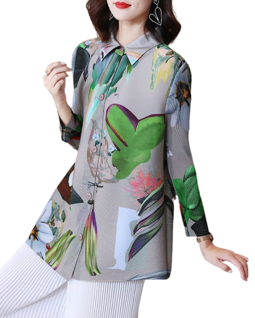 Polyester Polo Neck Long Sleeve Printed Pleated Shirt