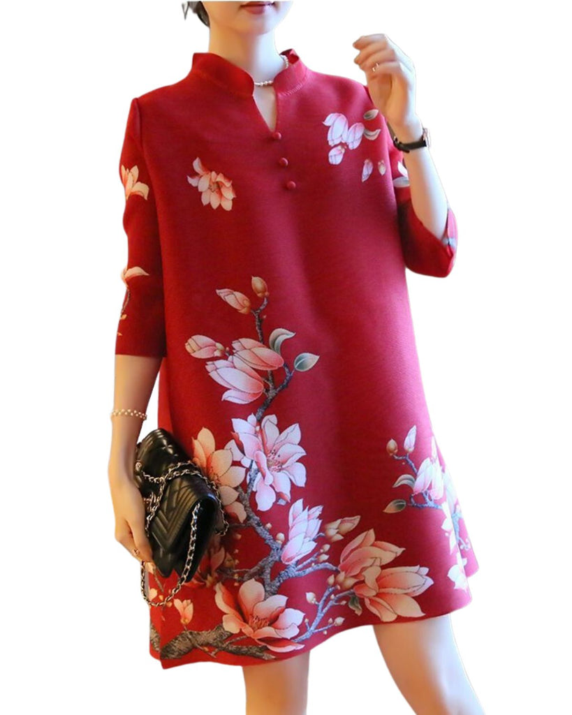 Polyester 3/4th Sleeve Loose Fit Floral Pleated Dress