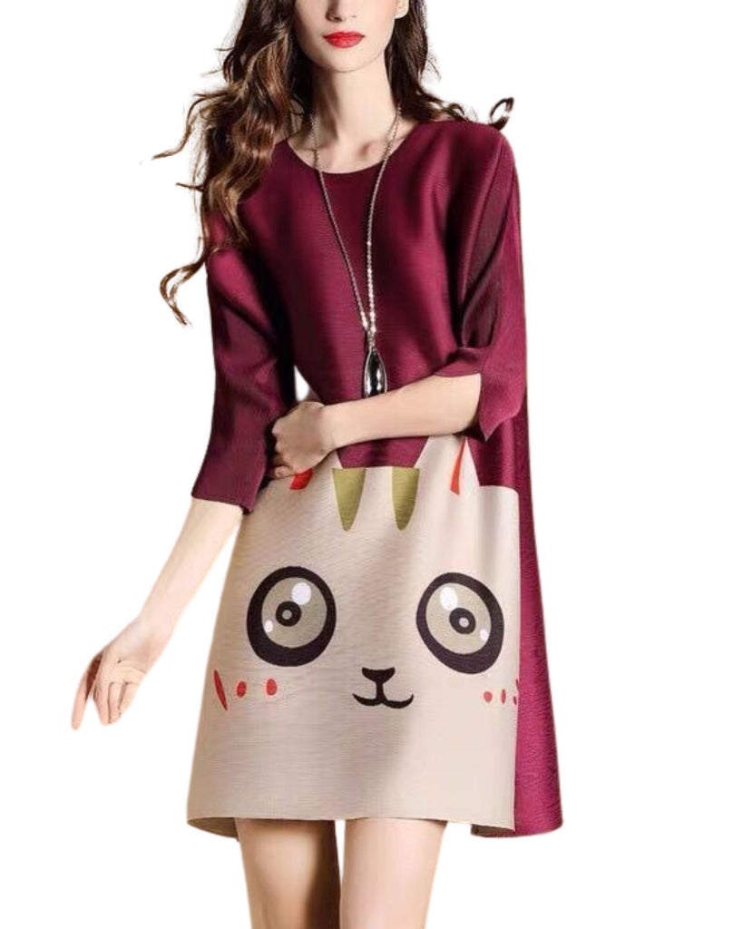 Polyester Round Neck 3/4 Sleeves Cartoon Print Pleated Dress
