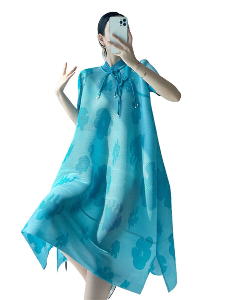 Polyester Short Sleeve Cheongsam Style Pleated Dress