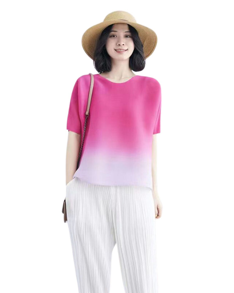 Polyester Round Neck Loose fit Gradient Color Top