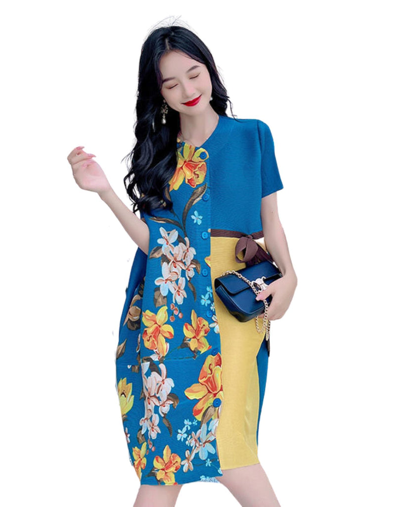 Polyester Round Neck Short Sleeve Floral Pleated Dress