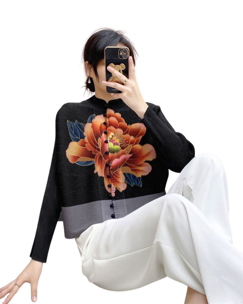 Polyester Round Neck Floral Single-Breasted Pleated Top