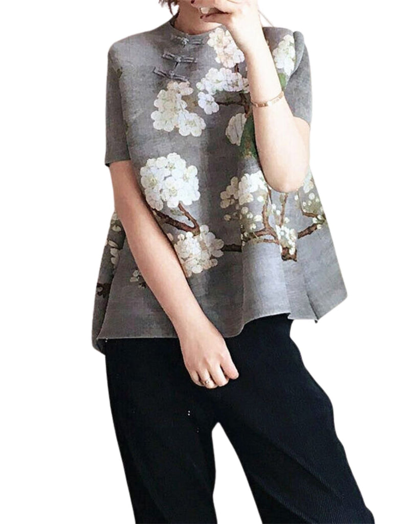 Polyester Round Neck Short Sleeve Floral pleated Top