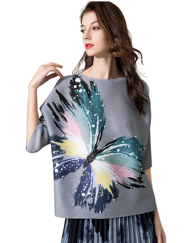 3/4 Sleeve Round Neck Butterfly Print Pleated Tunic Tops