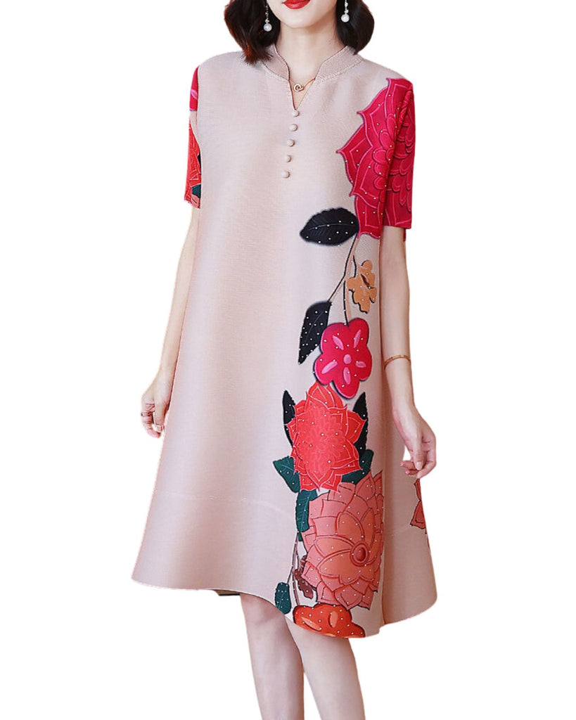 Polyester Round Neck Half Sleeve Floral Print Pleated Dress