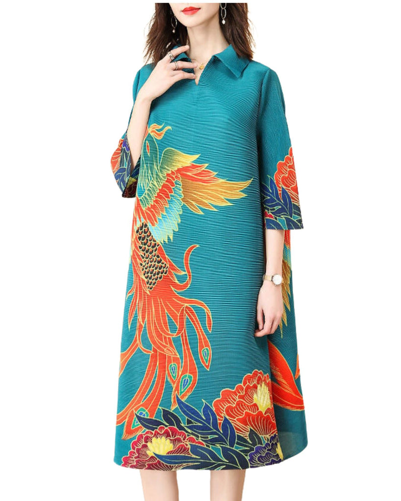 Polyester Collar Neck 3/4 th Sleeve Floral Print Pleated Dress