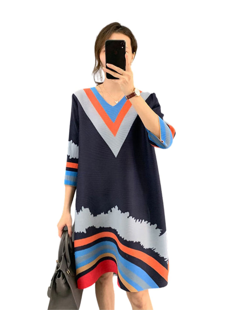 Polyester V-Neck 3/4 th Sleeve Printed Pleated Dress