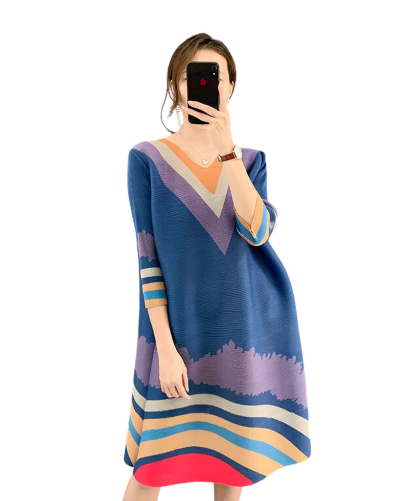 Polyester V-Neck 3/4 th Sleeve Printed Pleated Dress