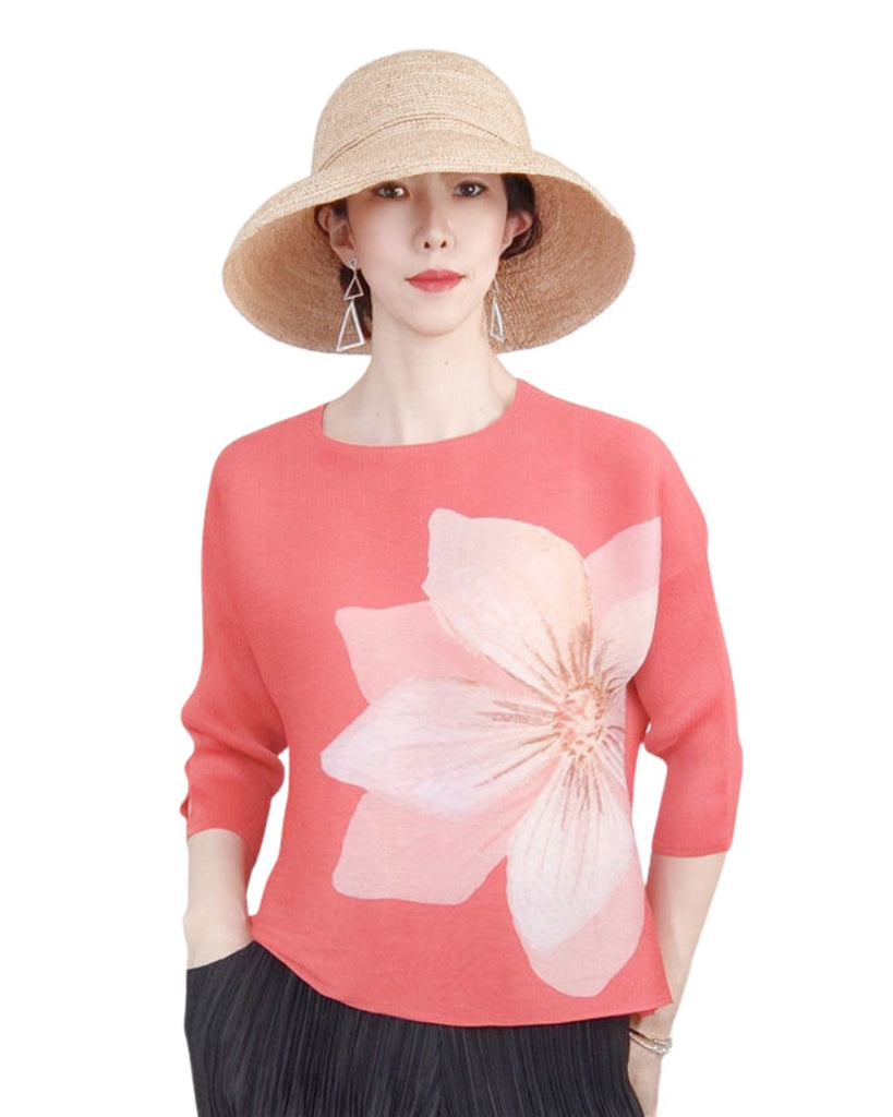 Polyester 3/4 th Sleeve Pleated Round Neck Floral Print Top
