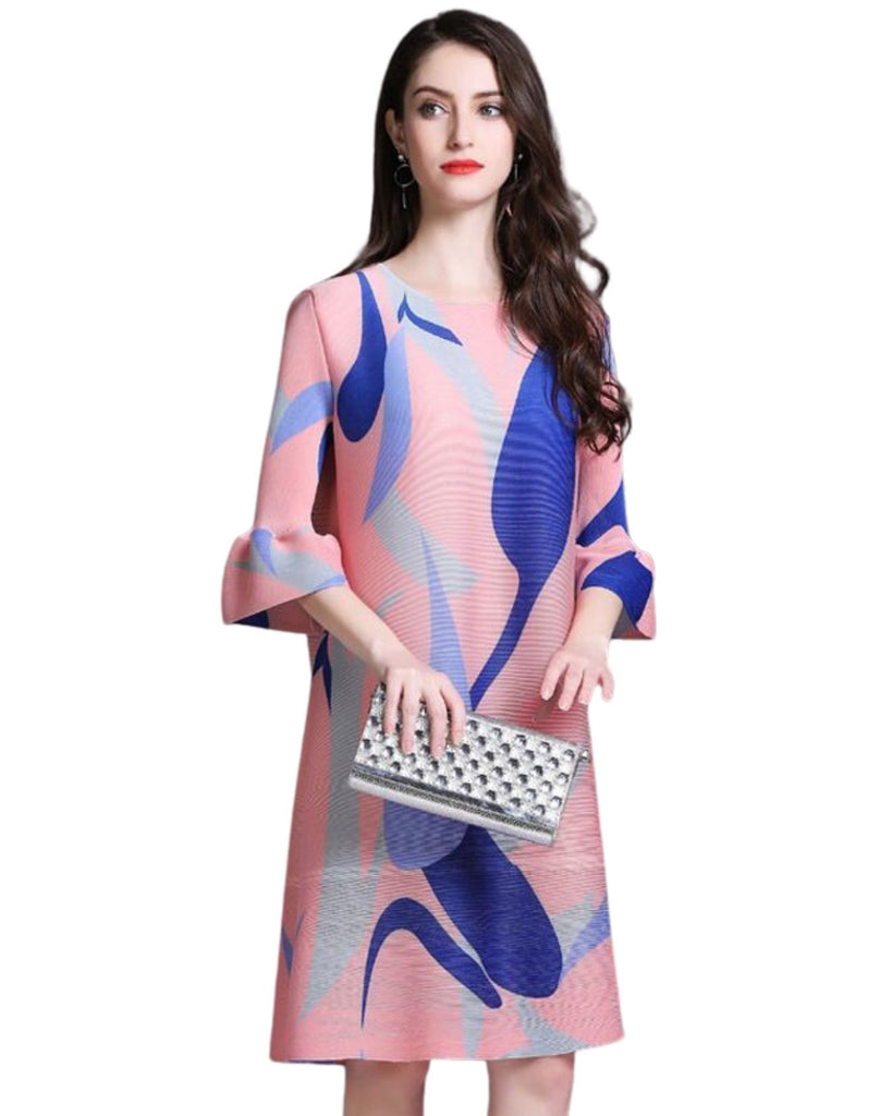 Polyester Round Neck 3/4 th Sleeve Printed Pleated Dress