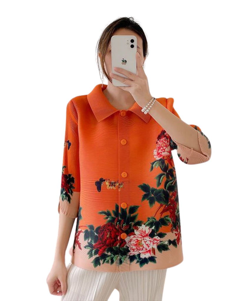 3/4 th Sleeve Collar Neck Floral Print Pleated Tunic Tops