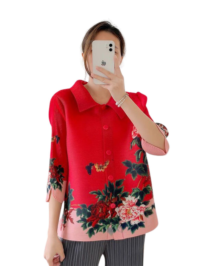 3/4 th Sleeve Collar Neck Floral Print Pleated Tunic Tops