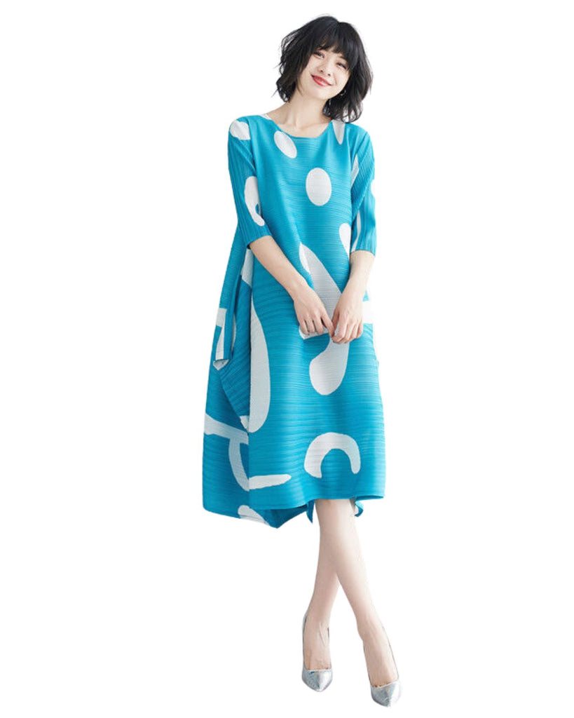 Polyester Round Neck 3/4 Sleeves Floral Pleated Dress